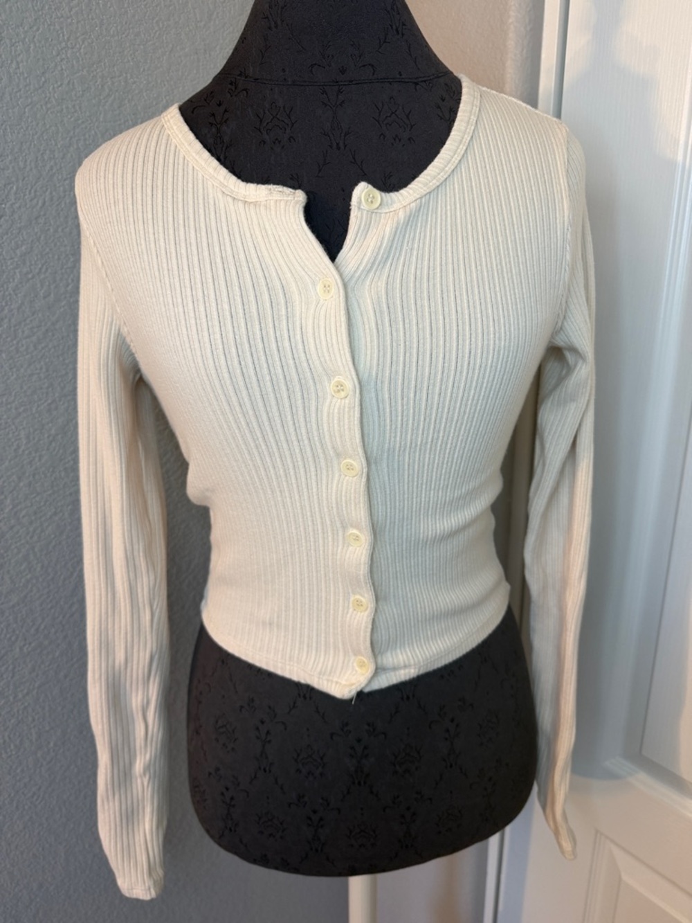 Reformation Ribbed Button-Front Knit Top — Cream - Picture 2 of 8